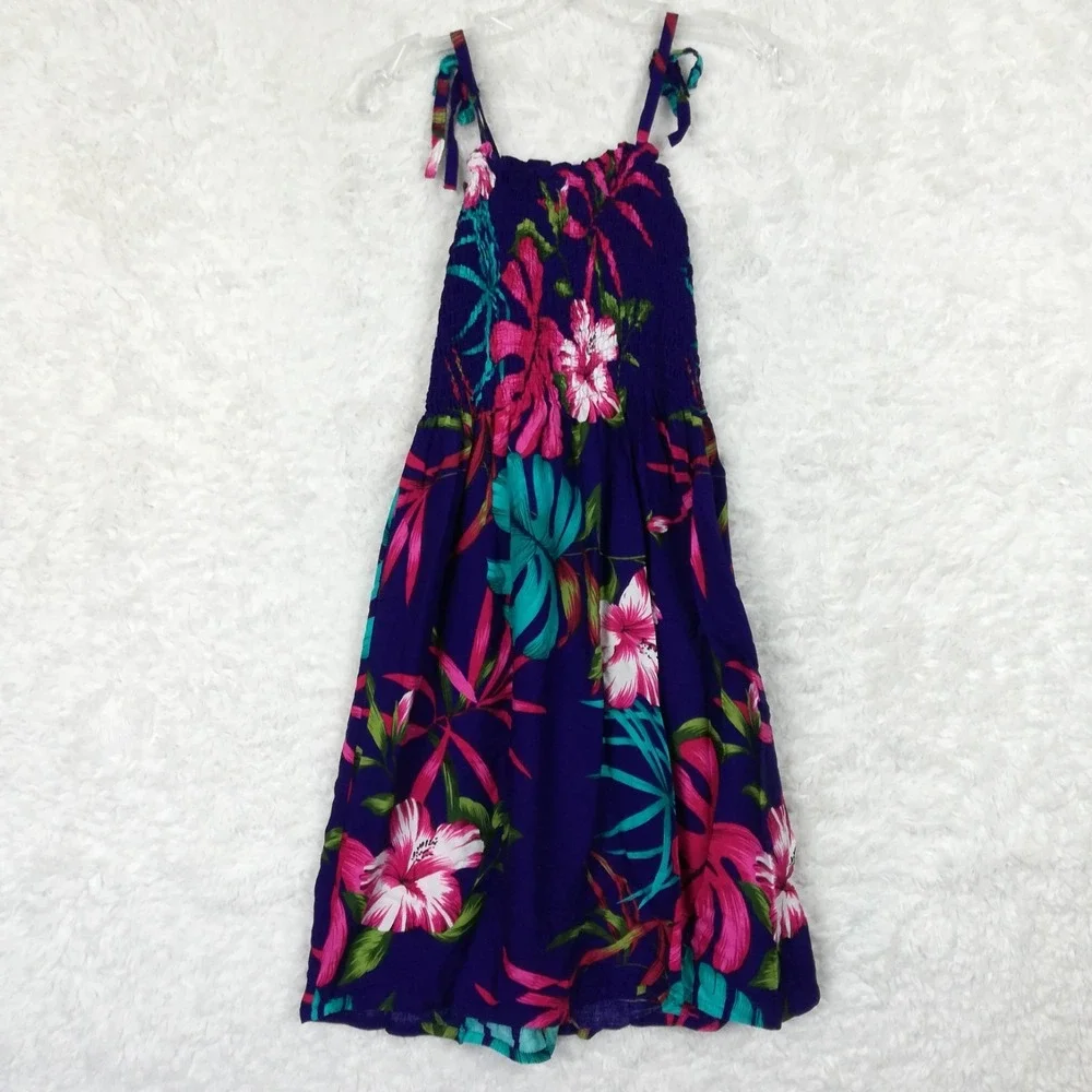 Hibiscus Collection Hawaii Girls Smocked Sundress Tropical Blue Pink OS